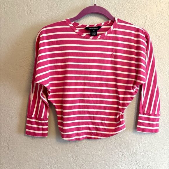 Ralph Lauren Girls 6x Pink White Striped Doleman Long Sleeve Shirt Top Cotton - Picture 1 of 7